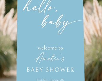 PRINTED or DIGITAL Hello Baby Shower Welcome Sign Blue Boy Calligraphy Minimalist, PI322-1