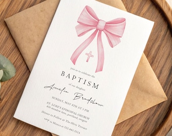 Pink Baptism Invitation, Girl Christening Invite, Watercolor Bow and Cross, Elegant Religious Ceremony Card, Custom Printable Invite BP-2