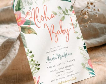 PRINTED or DIGITAL Aloha Baby Shower Invitation Tropical Hawaiian Hibiscus Floral, SC94