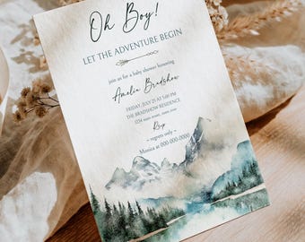 PRINTED or DIGITAL Oh Boy Baby Shower Invitation Mountain Adventure Watercolor Boy, MN36