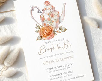 Tea Party Bridal Shower Invitation, Time For Tea Invite, Vintage Teapot Floral Card, Garden Party Shower, Custom Digital Printable,BS1