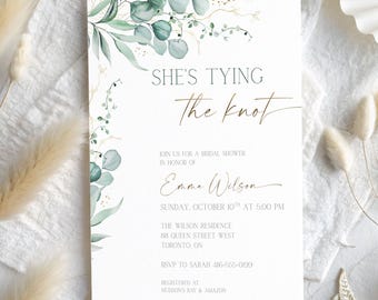 She's Tying The Knot Bridal Shower Invitation, Eucalyptus Gold Leaf Invite, Elegant Greenery Wedding Shower Invitation, Bridal Garden, BS16