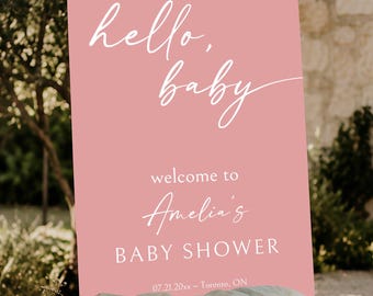 PRINTED or DIGITAL Hello Baby Shower Welcome Sign Dusty Rose Pink Calligraphy Girl, PI322