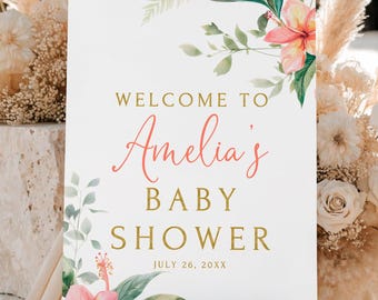 PRINTED or DIGITAL Tropical Baby Shower Welcome Sign Hibiscus Hawaiian Gold Floral, SC94