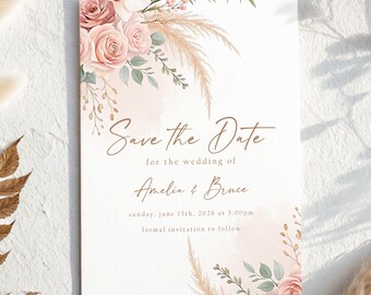 Dusty Rose Save The Date, Pampas Grass Wedding Announcement, Boho Floral Invite, Watercolor Roses Card, Minimalist Custom Digital,SVD23