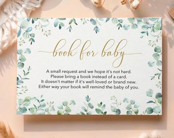 Greenery Baby Shower Books for Baby Card, Eucalyptus Floral Baby Bookshelf Card, Blush and Gold Baby Shower Book Request Insert, BR5