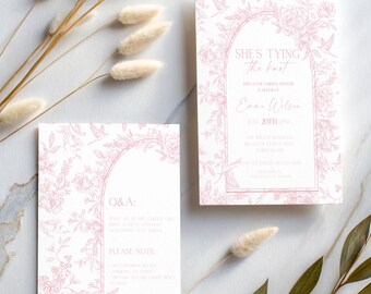 She's Tying the Knot Bridal Shower Invitation, Pink Floral Toile Bridal Invitation, Blush Pink Floral Bridal Brunch, Double-Sided BS15