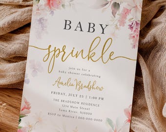PRINTED or DIGITAL Baby Sprinkle Invitation Floral Gold Watercolor Elegant Boho, W32-1