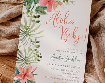 PRINTED or DIGITAL Tropical Hibiscus Baby Shower Invitation Aloha Baby Hawaiian, SC94-1