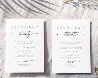Anniversary Invitation, Minimalist Typography Invite, Elegant Black and White Anniversary Card, Twenty Year Celebration, Custom, AN-1