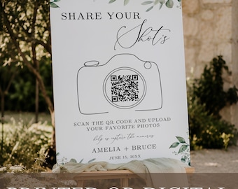 PRINTED or DIGITAL Share Your Shots QR Code Sign Wedding Photo Sharing Greenery, B-1-1