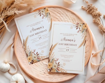 Boho Fall Floral Birthday Invitation for Her – Terracotta Autumn Leaves Elegant Invite – Personalized 18th 21st 30th Party Digital File,BA55