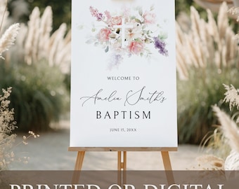 PRINTED or DIGITAL Floral Baptism Welcome Sign, Blush Pink Floral Baptism Signage, Printed Welcome Sign Christening, BQ-1