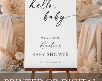 PRINTED or DIGITAL Hello Baby Shower Welcome Sign Black White Minimalist Calligraphy, PI322-2