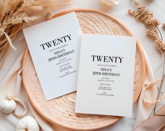 Minimalist 20th Birthday Invitation Modern White Clean Design Editable Digital Party Invite for Her Custom Text BA54
