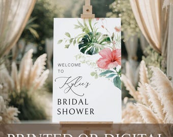 Letrero de bienvenida para despedida de soltera IMPRESO o DIGITAL, Letrero para despedida de soltera con vegetación tropical, Letrero de bienvenida para brunch botánico, Tablero floral para despedida de soltera, W-2