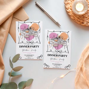 Elegant Dinner Party Invitation Editable Digital Invite with Illustrated Table Setting for Family Gathering & Formal Event DP-7