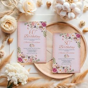 Rose Gold Bearbeitbare 90. Geburtstagseinladung für Frauen Blumen Aquarell druckbare Vorlage Meilenstein-Geburtstagsfeier einladen,BA6
