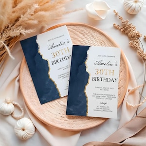 Navy and Gold Birthday Invitation Template • Elegant Editable Party Invite for Women • Any Age Milestone • Digital Custom File, BA44