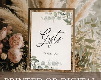 Letrero de regalos impreso o digital, letrero de mesa de regalos con motivos vegetales, decoración de recepción de boda con eucalipto, póster botánico para mesa de regalos de boda, B-1A