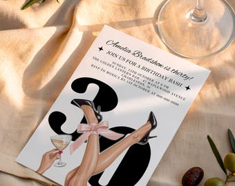30th Birthday Invitation for Women, Elegant High Heels and Champagne Glass Template, Printable Digital Birthday Party Invite for Her,BA71