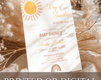 PRINTED or DIGITAL A Little Ray of Sunshine Baby Shower Invitation Sun Boho Rainbow, SU66