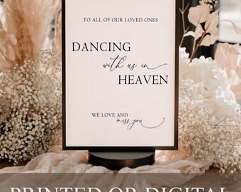 Letrero impreso o digital conmemorativo "Bailando con nosotros en el cielo" en memoria de un ser querido. Letrero para bodas, M33
