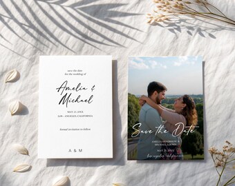 Double Sided Save The Date, Photo Wedding Announcement, Modern Calligraphy Invite, Black and White Picture Card, Custom Digital, SVD21