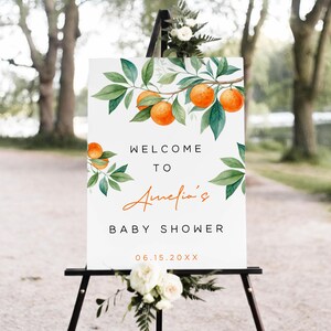Placa editável para chá de bebê fofinho, Placa de boas-vindas para chá de bebê com laranjas, Placa de chá de bebê com frutas cítricas, Uma fofura está a caminho, WS22