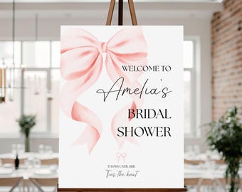 She's Tying the Knot Bridal Shower Welcome Sign, Minimalist Pink Bow Bridal Shower Poster, Pink Ribbon Bow Wedding Shower Sign, WS-5