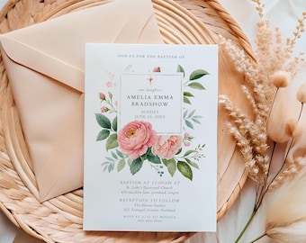 Baptism Invitation for Girl with Watercolor Flowers • Editable Christening Invite Template • Digital Printable Baptism Card, BP11