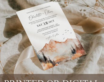 PRINTED or DIGITAL Fall Mountain Wedding Invitation Autumn Watercolor Rustic Pine Forest, MN33