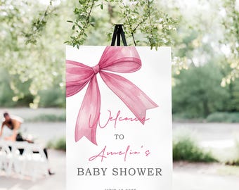 Pink Bow Baby Shower Welcome Sign, Baby Girl Shower Welcome Poster, Coquette Pink Bow Shower, WS-6