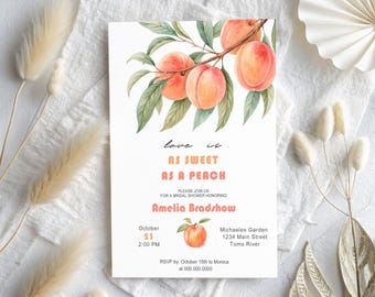 As Sweet As A Peach Bridal Shower Invitation, Watercolor Peach Theme, Summer Bridal Party Invitation, Editable Digital Invite, BS12
