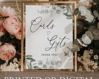 Letrero impreso o digital con motivos de vegetación para tarjetas y regalos, decoración de mesa de boda con eucalipto, señalización botánica para recepción, tablero para dejar regalos, B-1