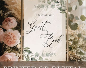 Letrero impreso o digital para libro de visitas, letrero para libro de visitas de boda con motivos vegetales, tablero de eucalipto "Por favor, firme nuestro libro de visitas", póster botánico, B-1A