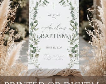 Letrero de bienvenida para bautizo IMPRESO o DIGITAL, Póster de bienvenida para bautizo con eucalipto, Tablero de bautizo con vegetación, Póster de primera comunión con flores, B-1