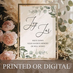 PRINTED or DIGITAL Greenery Joy-Jar Sign, Botanical Joy Jar Sign, Eucalyptus Memory Jar Decor, Advice for the Couple, Wedding Wish Jar, B-1