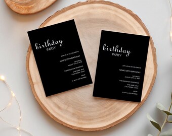 Black Minimalist Birthday Invitation Elegant Modern 25th Birthday Party Invite for Her Custom Digital Download Editable Text,BA53