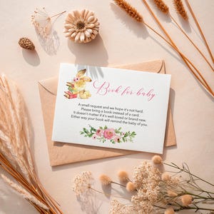 Boek voor babykaart | Inzet babyshower konijn | Neem een boek mee in plaats van een kaart | Bloemen verzoekkaart babyshower | Bewerkbare digitale BR-1