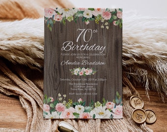 Blumen-Geburtstags-Party Einladung, Holz Hintergrund, Blumen Einladung, Digitale Geburtstagseinladung 15x7, Geburtstagseinladung 4x6,BA19
