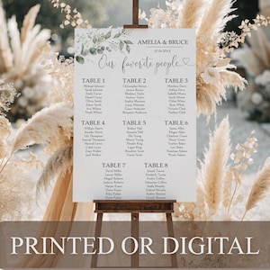 May include: A white rectangular wedding seating chart sign on a wooden easel. The sign features green eucalyptus leaf illustrations, the text AMELIA & BRUCE, 07.04.20XX, Our favorite people, and a list of guest names organized by tables 1 through 8.