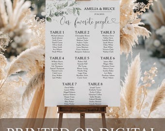 Letrero de plano de asientos IMPRESO o DIGITAL, Póster de Greenery Our Favorite People, Plano de asientos de boda de eucalipto, Lista de invitados de boda personalizada, B-1
