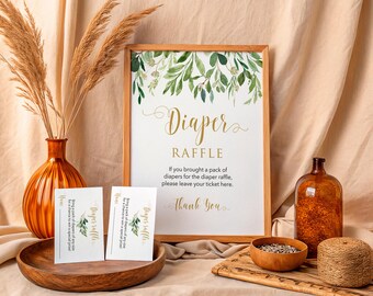 Greenery Diaper Raffle Sign & Tickets Printable Baby Shower Game, Botanical Theme, Editable Custom Size Available, DR3