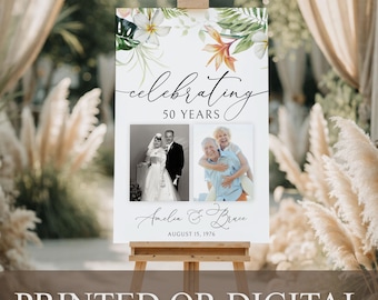 Letrero impreso o digital de aniversario de bodas con foto, letrero floral para bodas, tablero de 50 aniversario, póster de aniversario de oro, WA-1
