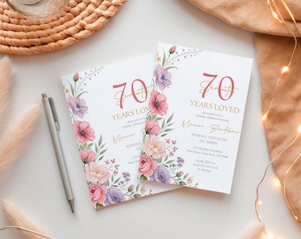 70th Birthday Invitation, Wildflower Birthday Invite, Floral Digital Party Invitation, Seventy Years Loved Printable Card, Personalized,B124