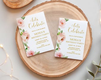 Blush Pink Floral Birthday Invitation – Watercolor Rose Gold Party Invite for Her – Elegant Custom Digital Download for Women or Girls,BA56