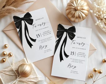 Elegant Black Bow Birthday Invitation, Minimalist Birthday Card, Sophisticated Digital Party Invite, Personalized for Any Age, BA-113
