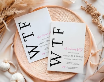 Funny 50th Birthday Invitation  WTF Who’s Turning Fifty Digital Invite Black and White Adult Birthday Party Template, BA60