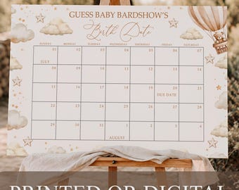 PRINTED or DIGITAL Guess Baby Birth Date Calendar Baby Shower Game Boho Hot Air Balloon, B30